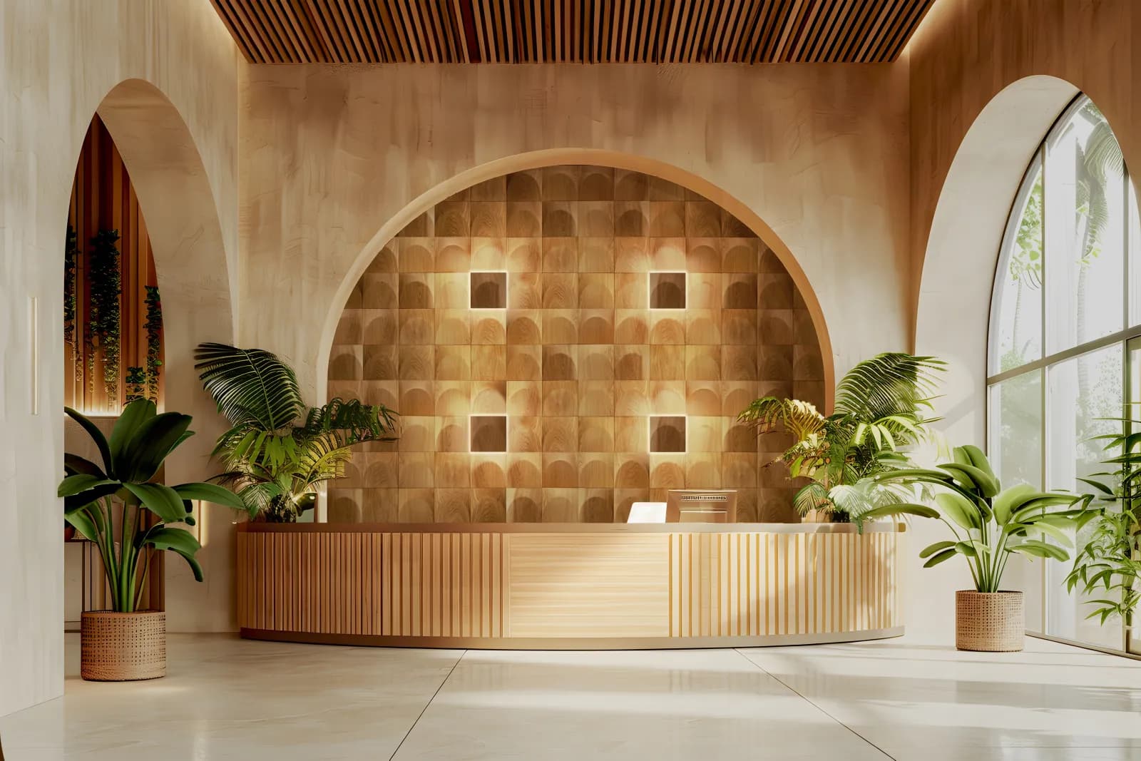 Lobby med Arch-panel i eik og LED-lys