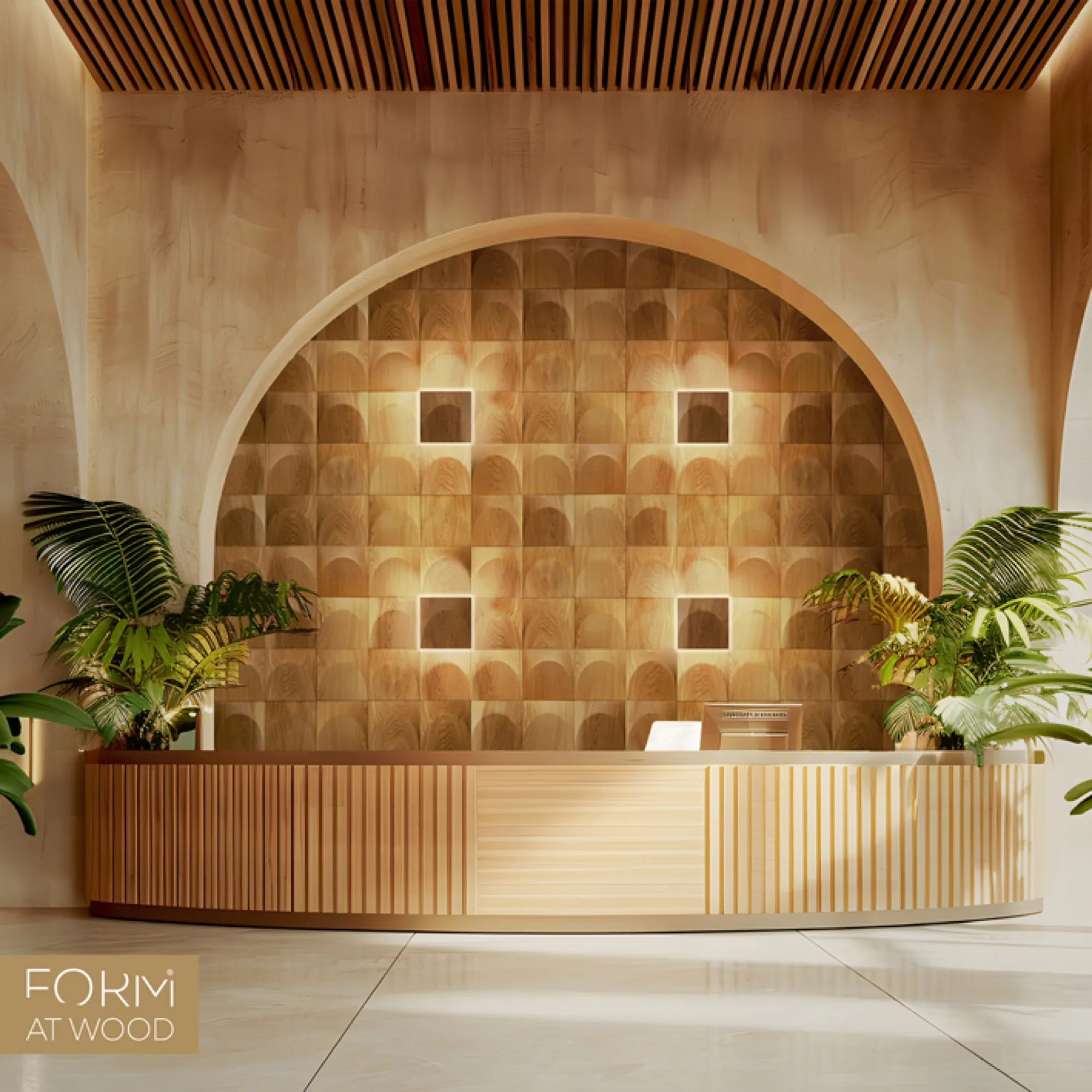Hotell-lobby med Arch-paneler i Oak — bakbelyste